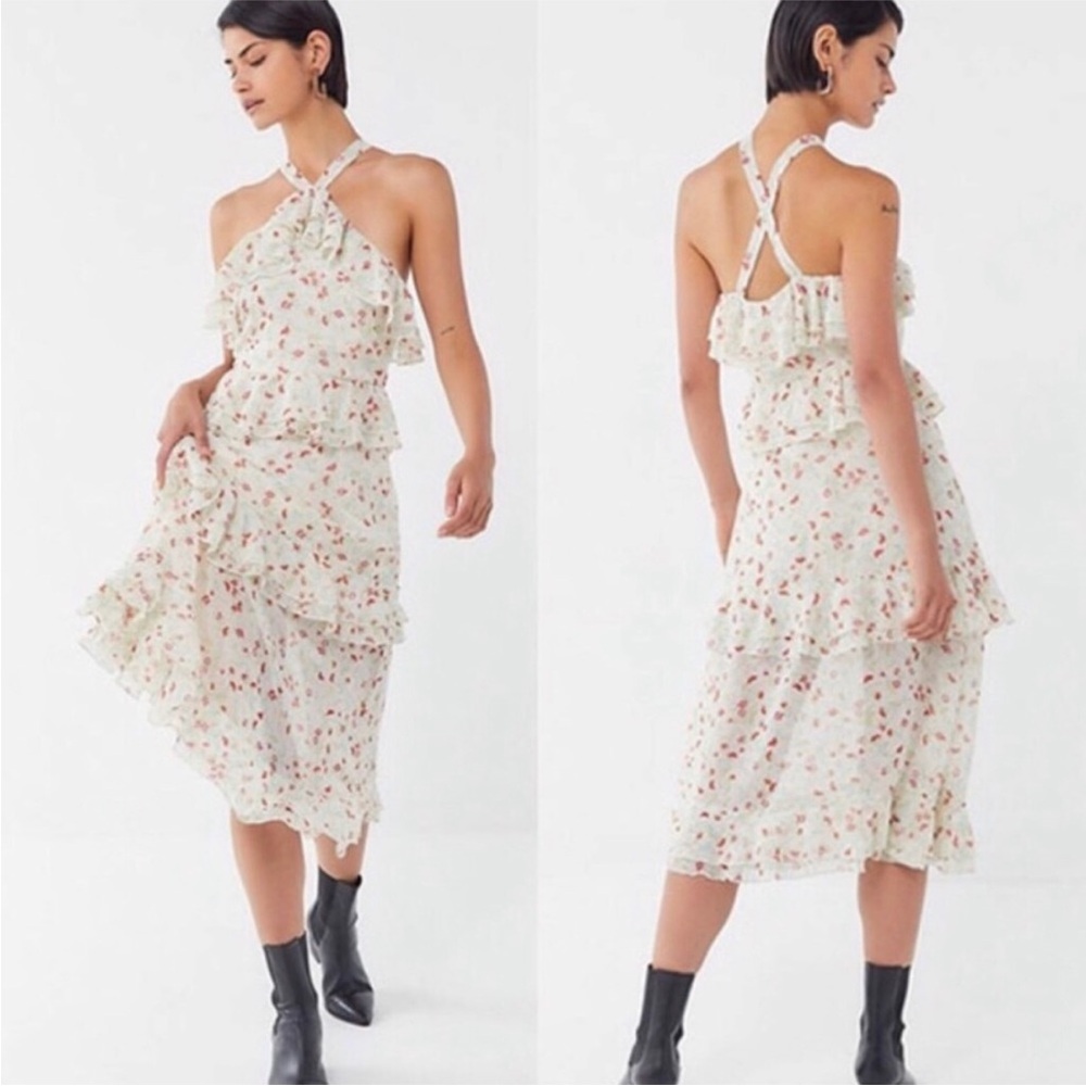 URBAN OUTFITTERS TIERED RUFFLE SLEEVELESS FLORAL PRINT MIDI DRESS SIZE 4